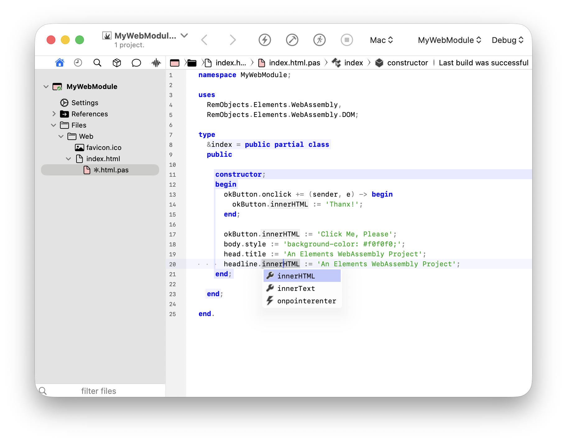 Code Completion for strongly typed browser DOM APIs in a WebAssembly project in Fire