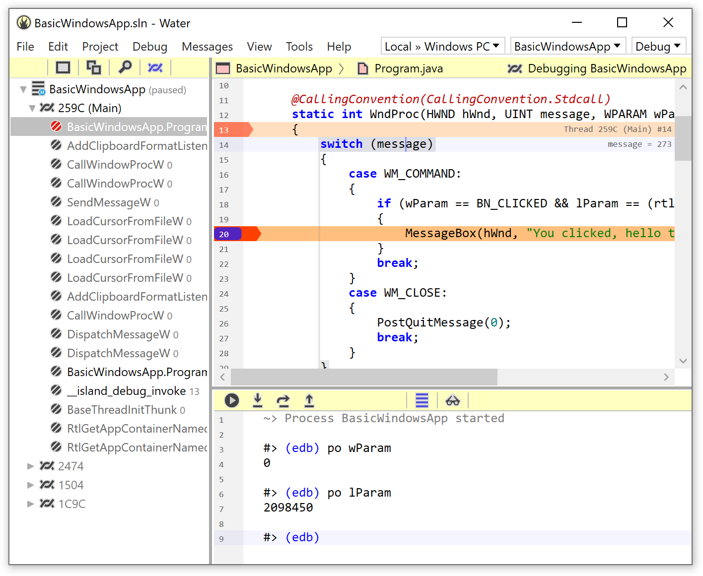 Water debugging native Windows code