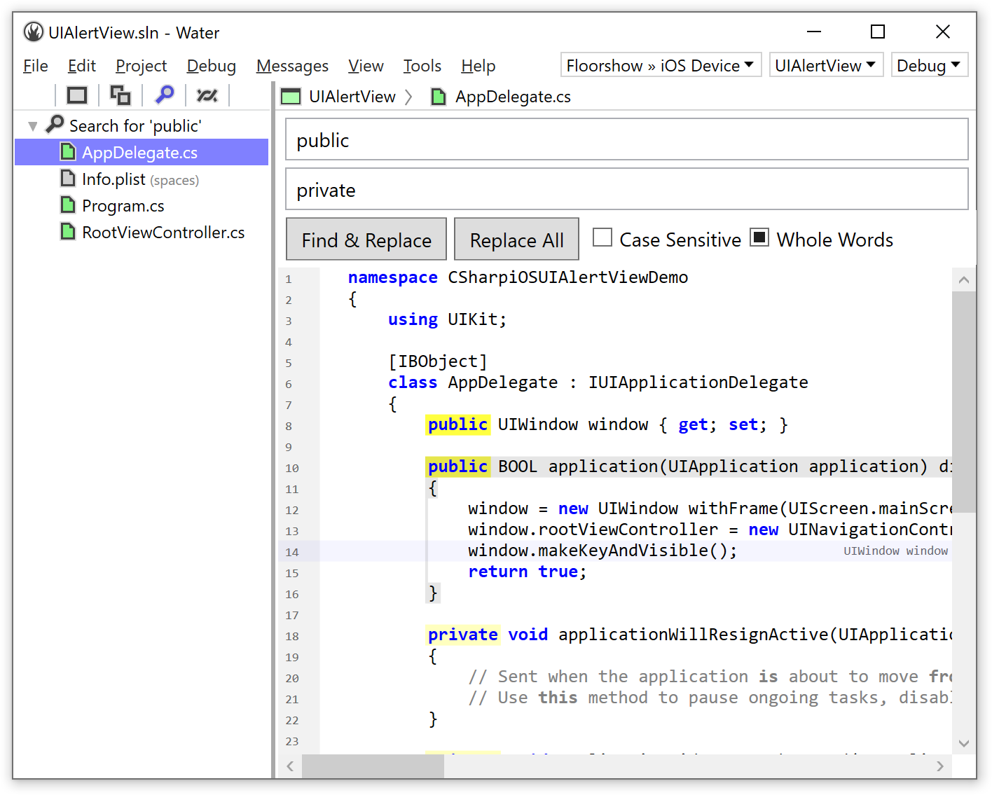Water editor features and navigation