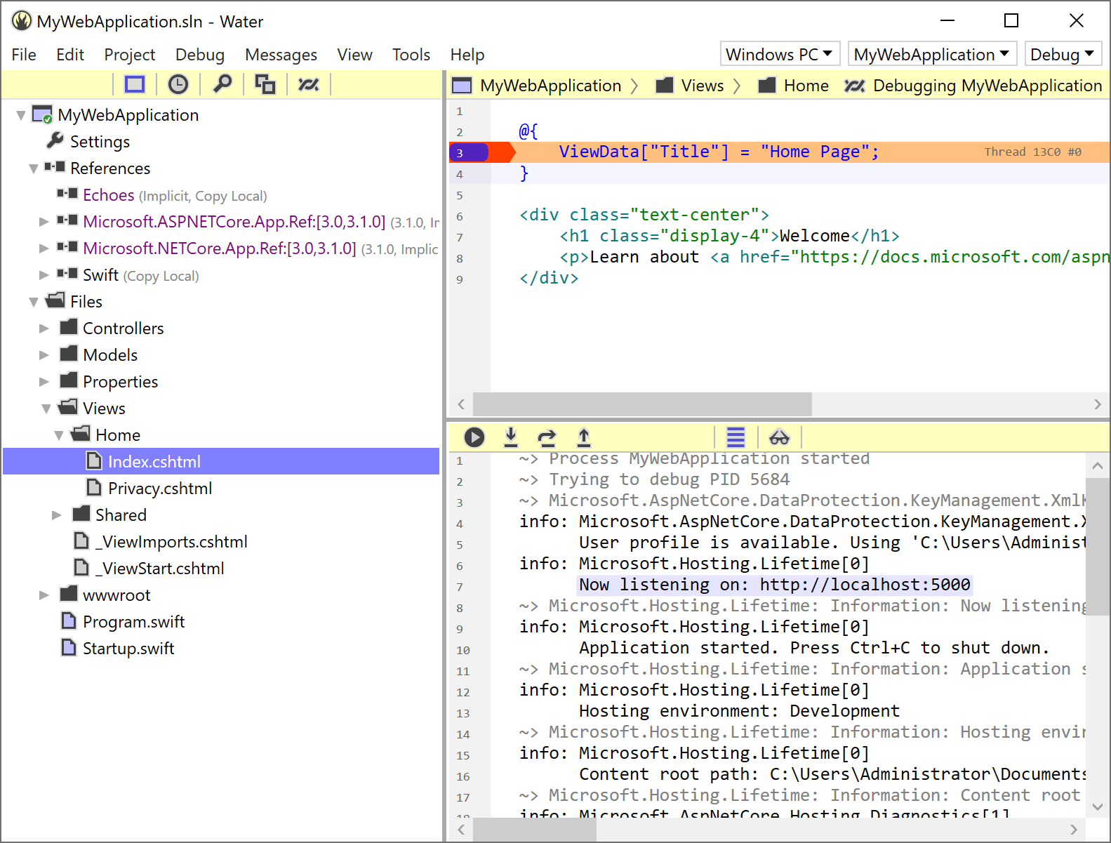 Water debugging an ASP.NET Core project